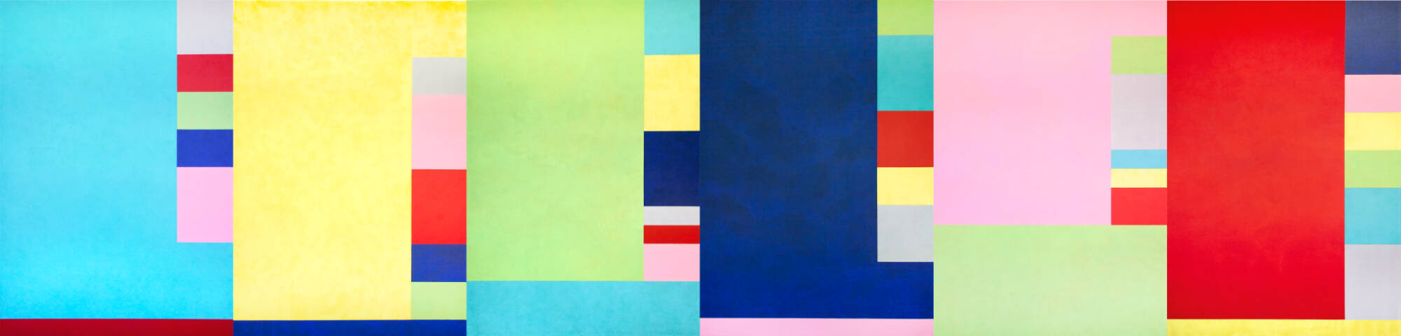 Six-panel painting of large blocks of bright colors.